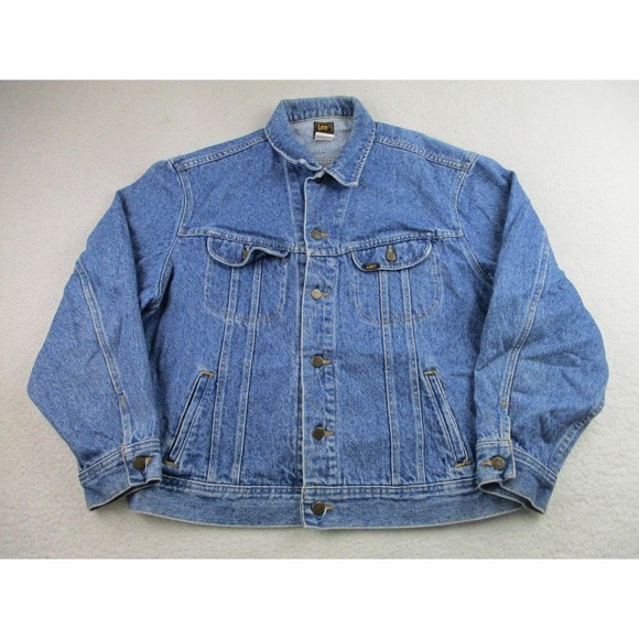 VINTAGE Lee Jacket Mens Large Blue Denim Trucker Button Front Made‎ in USA 90s